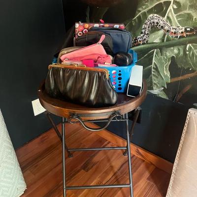 Makeup bags, purse, table 