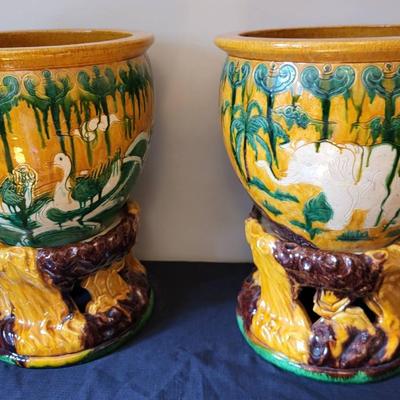 Asian Jardiniere Planters w/ Bases (LR)