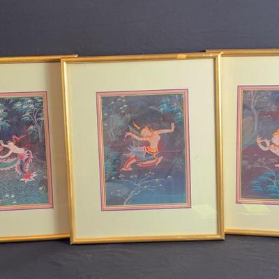 Vintage Thai Silk Paintings Set Of Three 
