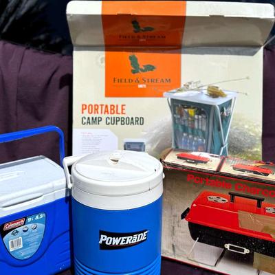 Lot 107:  Field &Stream Portable Camp Cupboard , Grill, Coolers