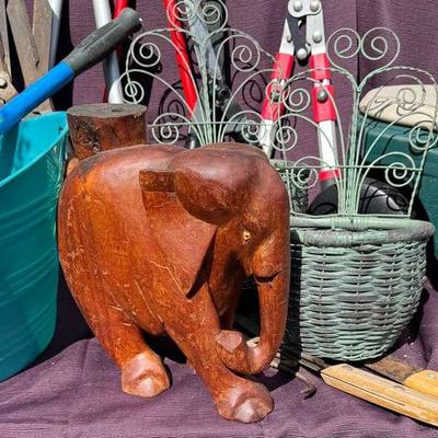 Lot 112:  Garden Seat, Garden Tools, Wicker Planters, Elephant Plant Stand