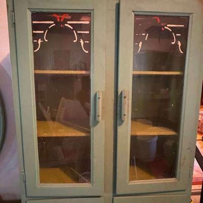 Lot 100: Vintage Painted Wood Kitchen Cabinet with Glass Doors