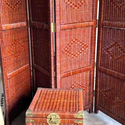Lot 111:  Vintage Wicker Folding Room Divider & Matching Storage Trunk