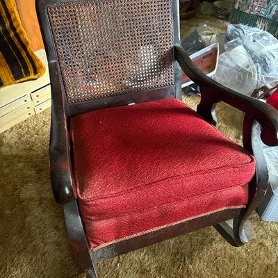 Lot 526: Vintage Wooden Rocking Chair with Cane Back & Red Upholstered Seat