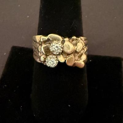 Lit 434: 10K Gold Nugget-Style Ring with Two Genuine Diamonds – 8.3 Grams