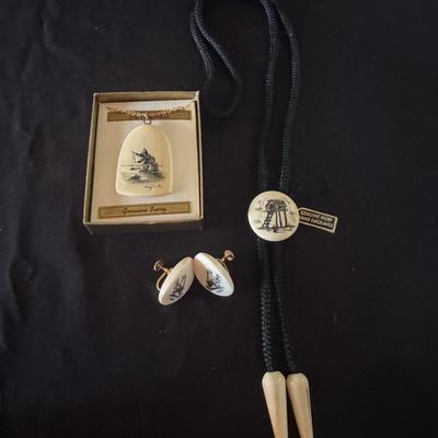 Lot 211: Ivory Necklace On 12k Gold Filled Chain, Ivory Earrings, Ivory Bolo