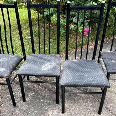 Lot 121: Set of 4 Vintage Black Metal Dining Chairs with Upholstered Seats