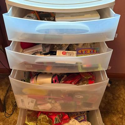 Lot 460: Lot of Craft Supplies with 4-Drawer Plastic Storage Unit – Mixed Arts & DIY Items