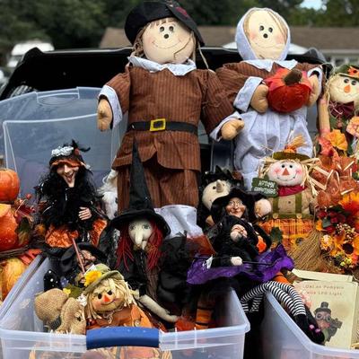 Lot 110:  Four Large Totes Of Witches, Pumpkins, Pilgrims,Wreaths &More