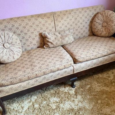 Lot 464: Vintage Wood & Cane Sofa + Armchair Set with Upholstered Cushions 