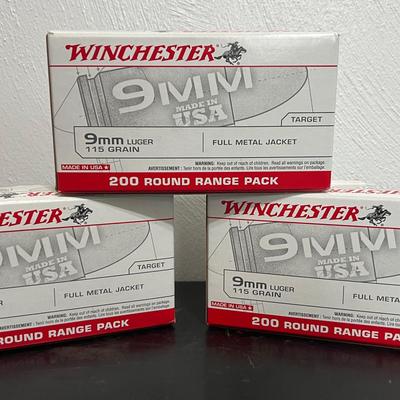 Lot 317: Winchester 9mm Luger 115 Grain FMJ – 600 Rounds (3 Range Packs)
