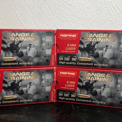 Lot 319: Norma Range & Training 9mm Luger 124 gr FMJ – 4 Boxes (200 Rounds)