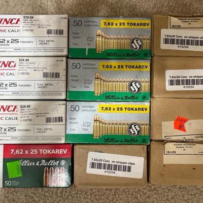 Lot 334: 7.62×25 Tokarev Ammunition – 700 Rounds  Large lot of 7.62×25 Tokarev pistol ammunition, in