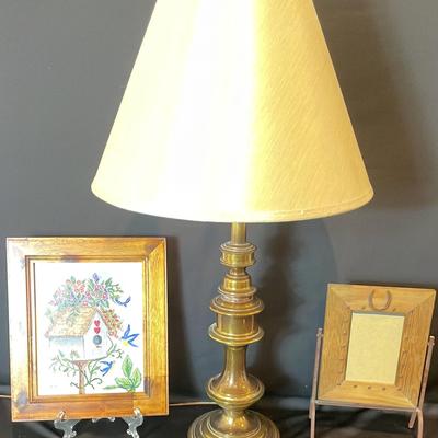 Brass Lamp, Print, And Frame