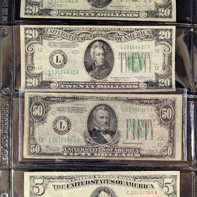2 1934 $20 Federal Reserve Notes, 1 1934 $50 Federal Reserve Note, 1 1953 $5 Red Seal Note