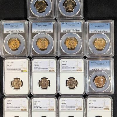 7 PCGS Graded Washington Quarters & 7 NGC Graded Jefferson Nickels