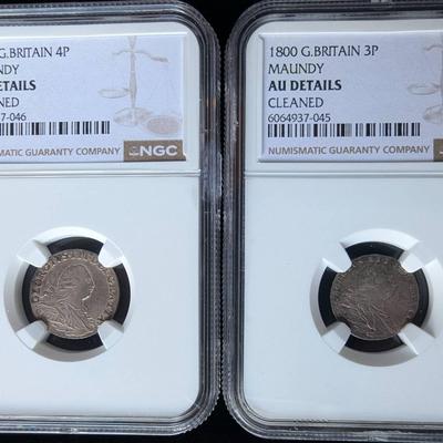Silver 4 Pence And 3 Pence British Coins, NGC Graded AU