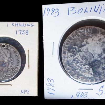 1700s Silver British Shilling, Bolivian 8 Reales Coins 