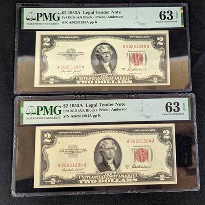 2 Uncirculated 1953A $2 Red Seal MS-63EPQ PMG Notes 