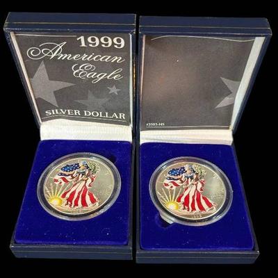 2 1999 Colorized 1oz Silver Eagle Coins with Cases