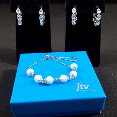 .925 Gemstone Bracelet With Sky Blue Topaz Rhodium Over Sterling Silver Hoop Earrings 