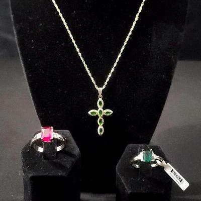 Green Chrome Diopside Sterling Cross Necklace And Ring With .925 Gemstone Ring