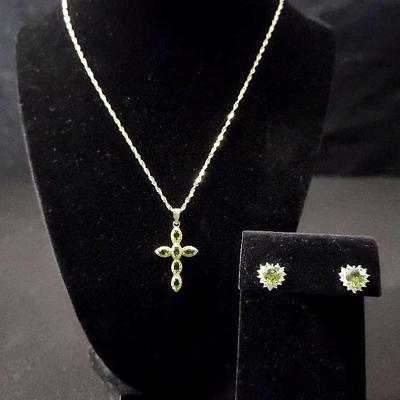 Green Chrome Diopside Cross 18K Yellow Gold Over Sterling Silver & .925 Green Gemstone Earrings 