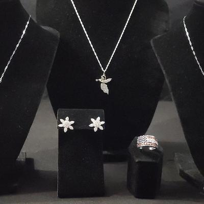 .925 Cubic Zirconia Rhodium Over Sterling Silver Necklaces, Earrings And Ring