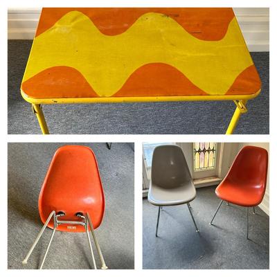Pair of Charles & Ray Eames Stacking Chairs, Herman Miller + Card Table
