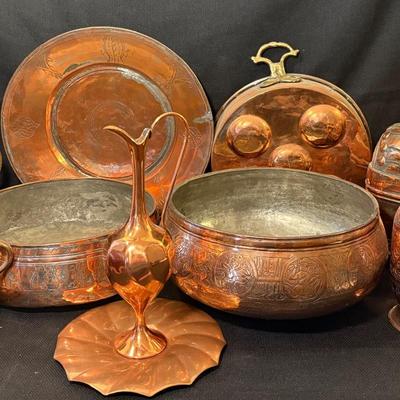 Assortment Of Middle Eastern Tinned Copper Soap Box, Dallah, Bowls