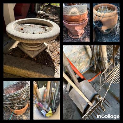 Assortment Of Yard Tools, Pots, Trellis