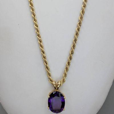14K Gold Rope Chain Necklace w/ Amethyst Pendant 
