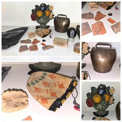 Ancient Fossil, Pottery Shards, Trinkets, Cow Bell