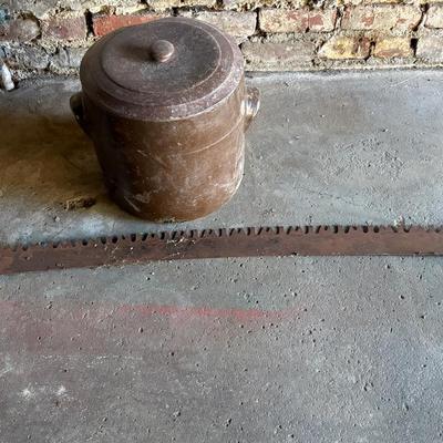 Antique 2 Man Cross-Cut Saw & Brown Crock 