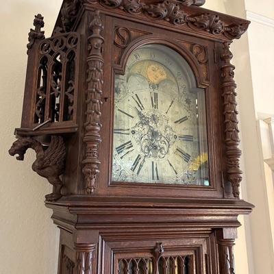Antique Gothic Revival Style Tall Case Hall Clock 