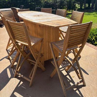 Les Jardins Teak Outdoor Bar-Height Table with Eight Folding Chairs
