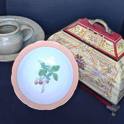 Castilian Imports Decorative Box, Mottahedeh Portugal Bowl & Vintage Stoneware Pitcher with Basin