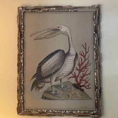 Framed Pelican Print by Vitorio Splendor with Driftwood & Seashell Frame