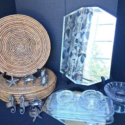 Coastal Napkin Rings, Woven Chargers, Crystal-like Serveware & Beveled Mirror