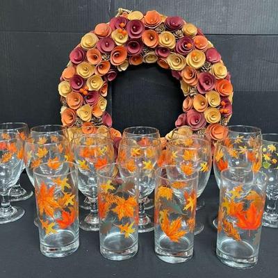 Ct518 autumn leaves glassware and wreath
