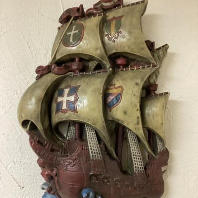 Wall art chalkware depicting spanish galleon ship