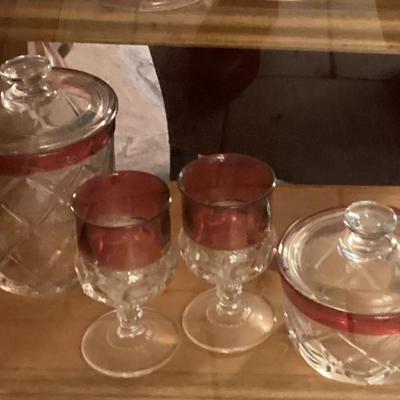 Sale Photo Thumbnail #303: Ice bucket 2 wine goblets and candy dish made of glass with red tiles