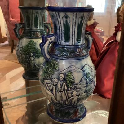 Sale Photo Thumbnail #131: Blue decorative ceramic vase with scenes and 2 handles