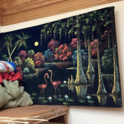 Sale Photo Thumbnail #221: Wall art framed black velvet flamingos and cypress trees