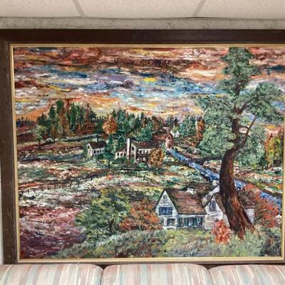 Sale Photo Thumbnail #222: Wall art framed landscape painting of rural village scene
