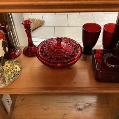Sale Photo Thumbnail #209: Vintage red glass candy dish candle sticks and goblets