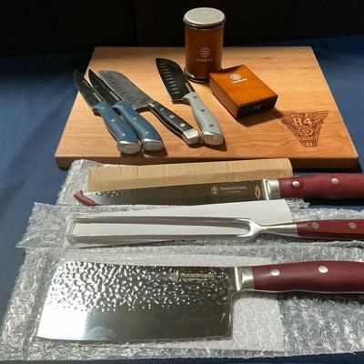 Knives, Navy Wood Cutting Board And Tumbler Knife Sharpeners 