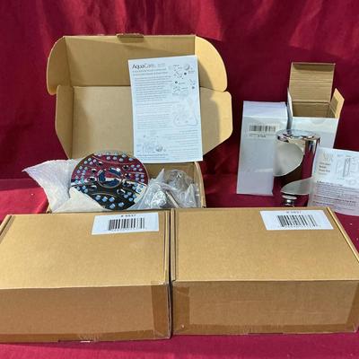 Set Of Three New Aqua Care Shower Heads and Hotel Spa Soap Dispensers 