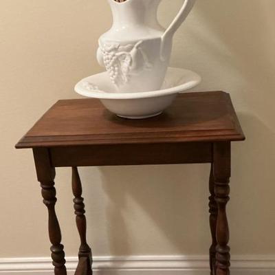 Vintage Wood Side Table & Ceramic Basin w/ Pitcher
