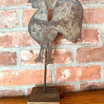Metal Rooster On Wooden Block